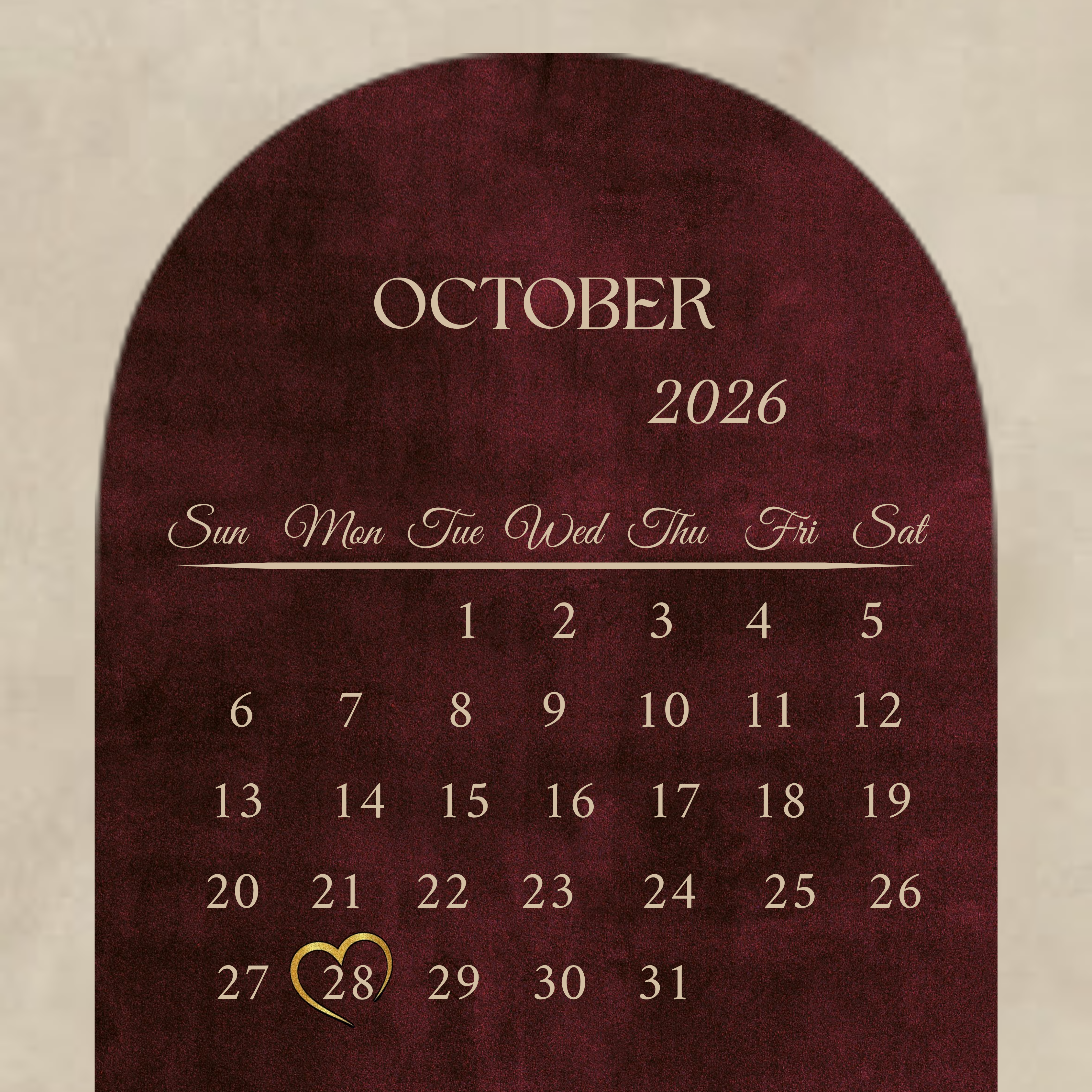 Calendrier Octobre 2026 — Samedi 28 Octobre 2026, date du mariage de Loubna et Rayhame Alexandre